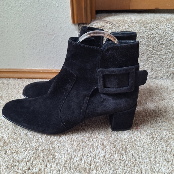 Roger Vivier black suede booties Square Toe Block Heel Buckle Womens Size 37.5 - Picture 2 of 9